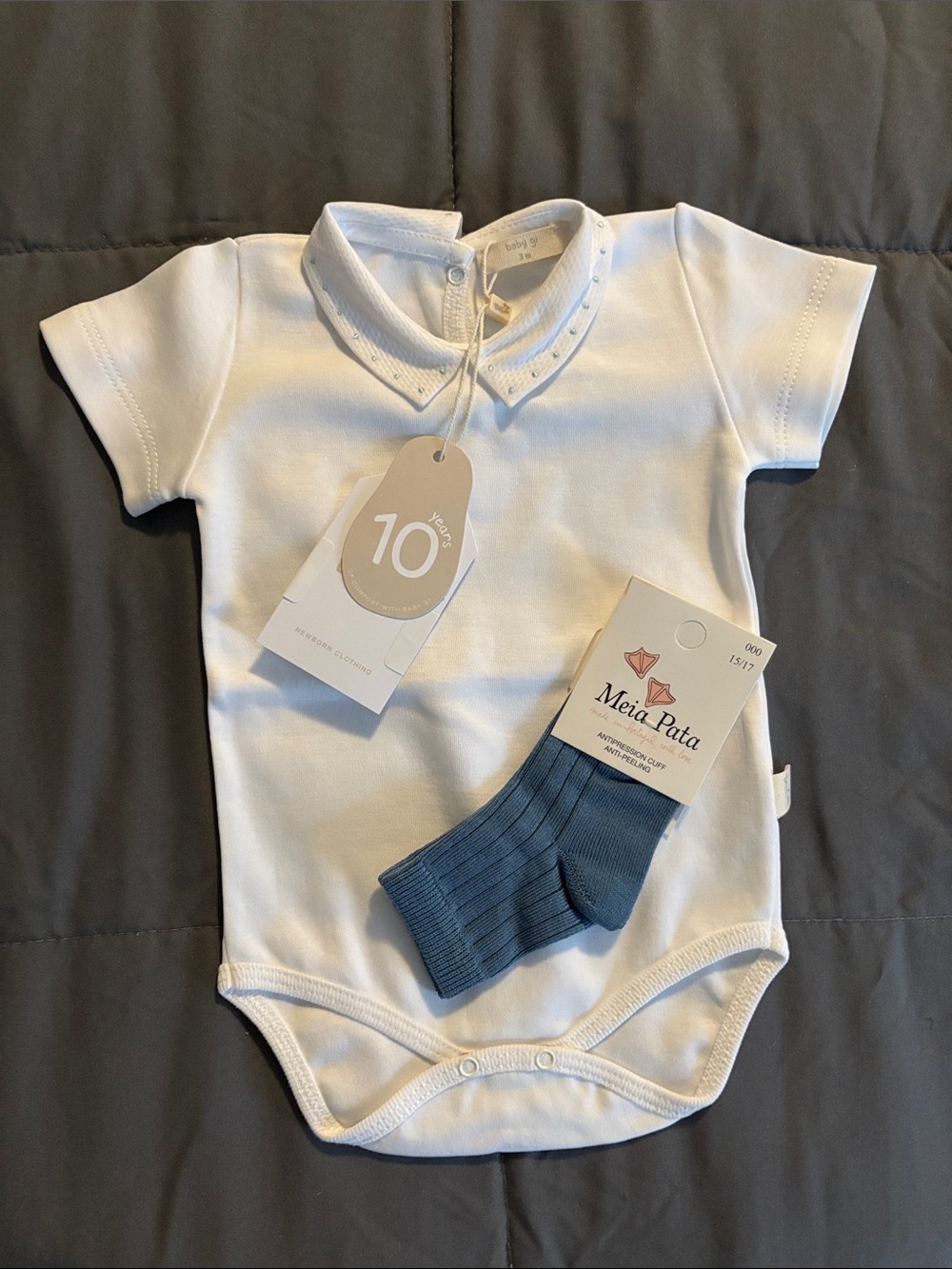 White Baby Bodysuit with Blue Socks